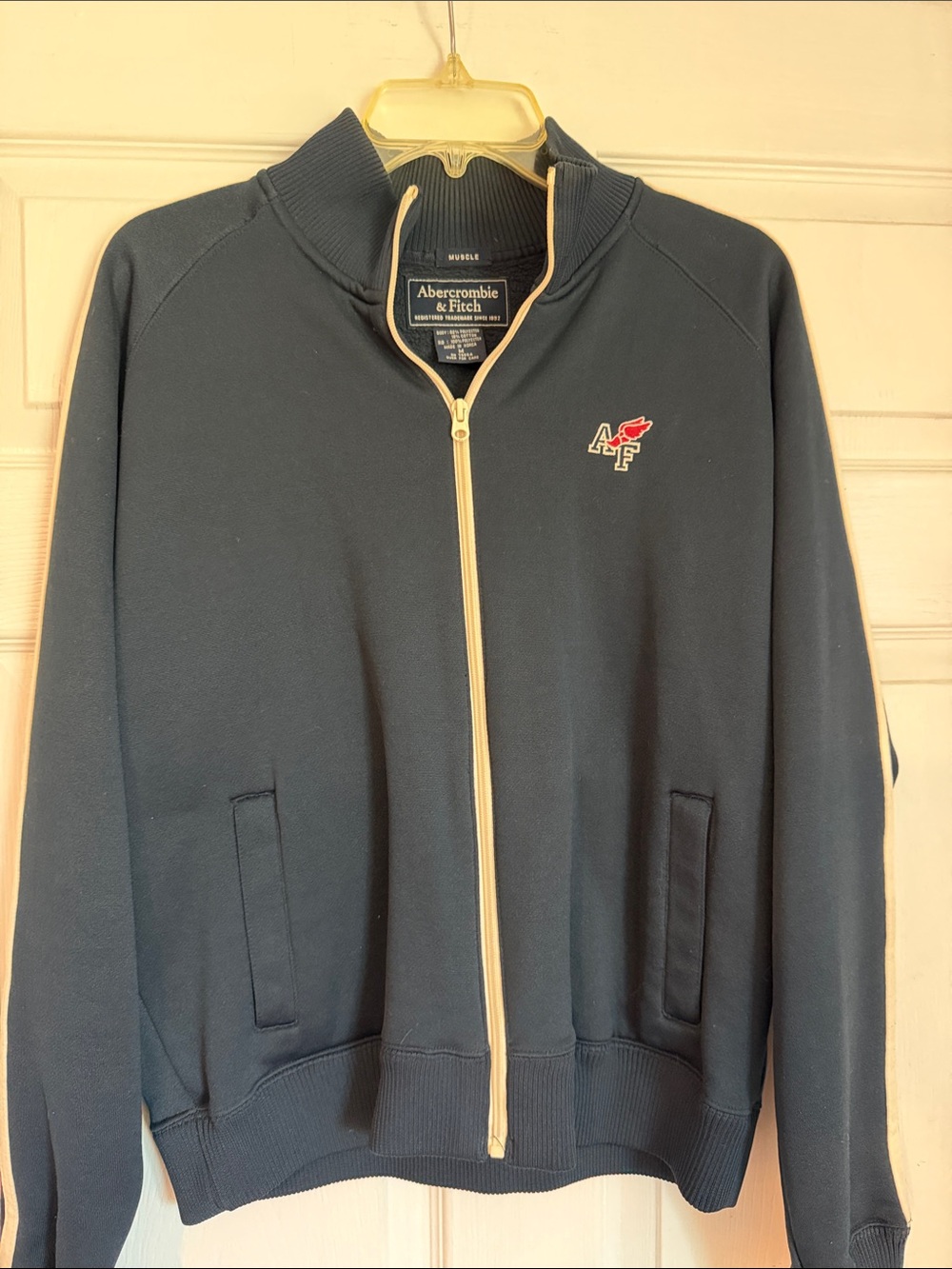 Abercrombie & Fitch Men's Dark Navy Zip-Up Track Sweater with Contrast Trim